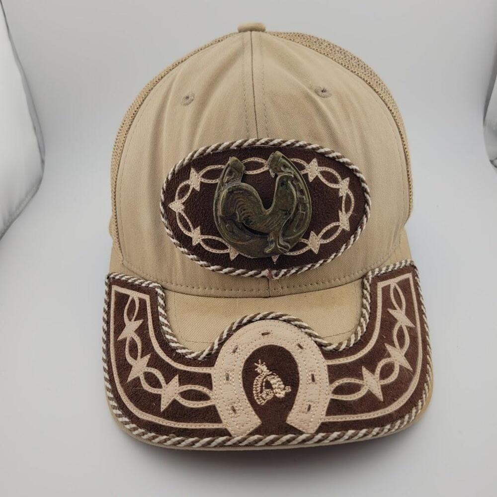 Rooster Horseshoe Hat Cap Snap Back Trucker Mesh Brown Beige Western Cowboy Mens